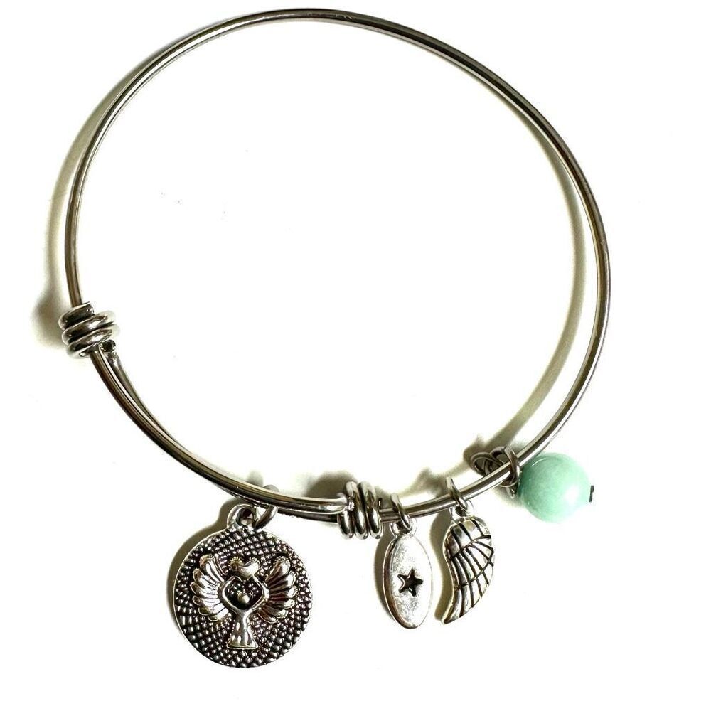Unwritten Angel Charm and Amazonite Bangle Bracelet in Stainless Steel with Silv